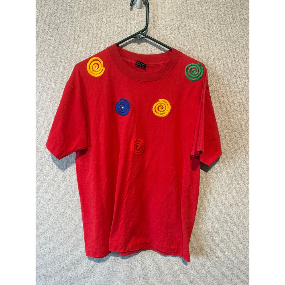 Vintage Fruit of the Loom Red‎ Graphic T-Shirt Colorful Swirls 90s Best
